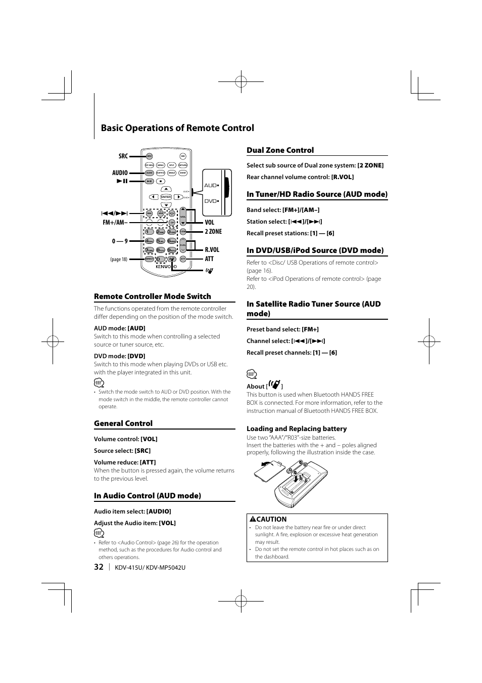 Basic operations of remote control, Remote controller mode switch, General control | Dual zone control, Loading and replacing battery, 2 caution | Kenwood KDV-MP5042U User Manual | Page 32 / 42