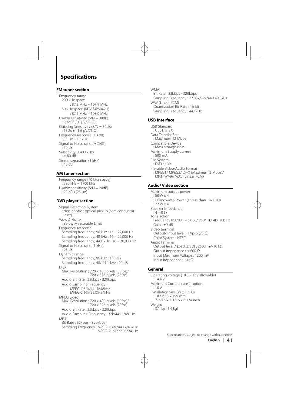 Specifications | Kenwood KDV-MP5042U User Manual | Page 41 / 42