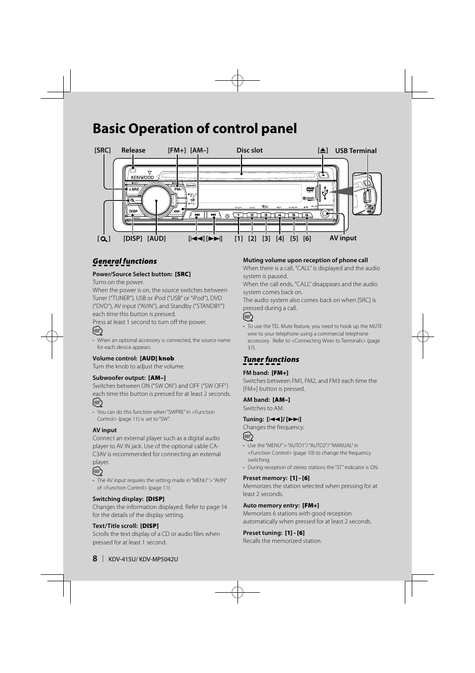 Basic operation of control panel | Kenwood KDV-MP5042U User Manual | Page 8 / 42