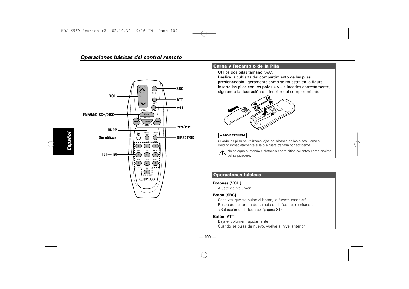 Operaciones basicas del control remoto, Operaciones básicas del control remoto, Español | Kenwood KDC-MPV622 User Manual | Page 100 / 112