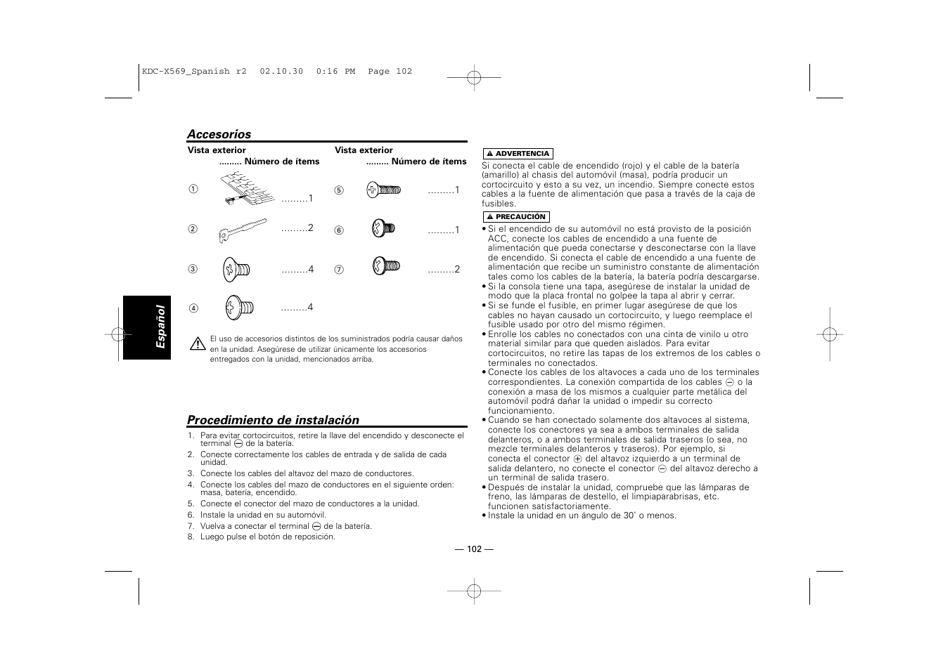 Accesorios, Procedimiento de instalacion | Kenwood KDC-MPV622 User Manual | Page 102 / 112