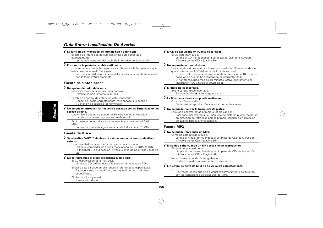 Guia sobre localización de averias | Kenwood KDC-MPV622 User Manual | Page 108 / 112