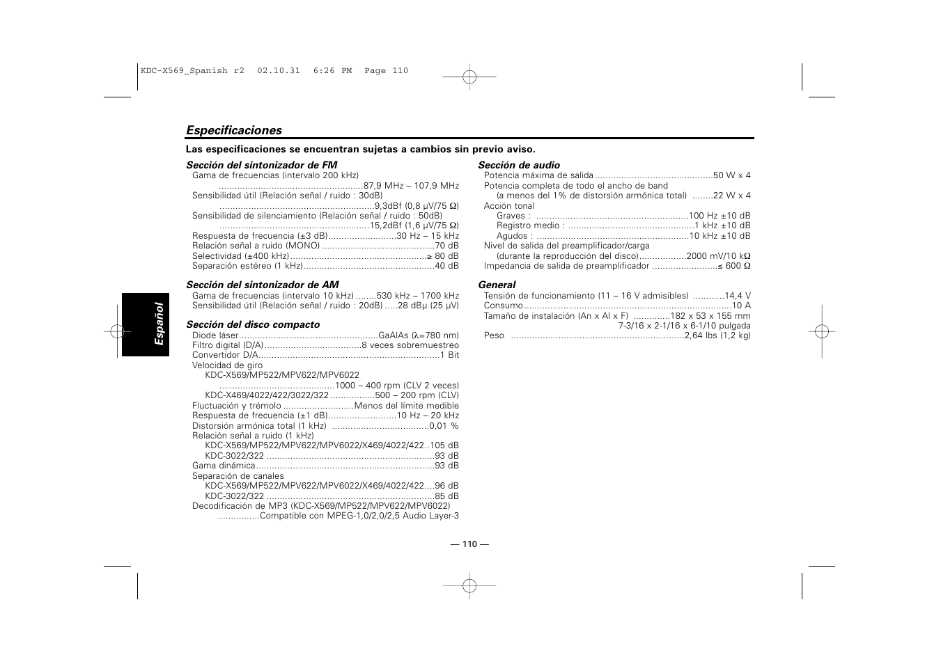 Especificaciones | Kenwood KDC-MPV622 User Manual | Page 110 / 112