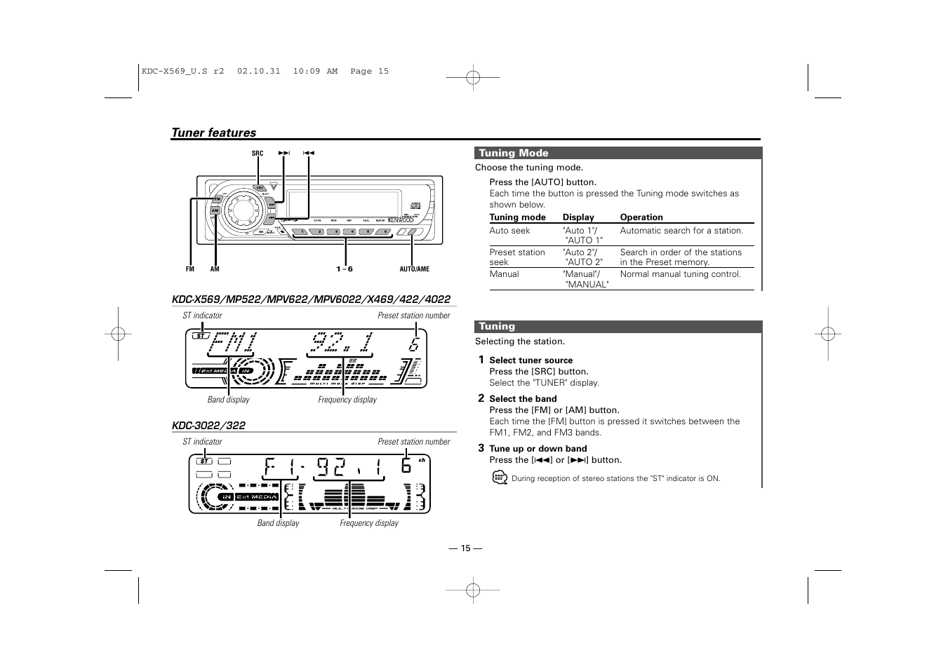 Tuner features | Kenwood KDC-MPV622 User Manual | Page 15 / 112