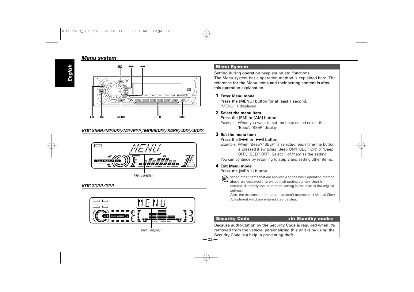 Menu system | Kenwood KDC-MPV622 User Manual | Page 22 / 112