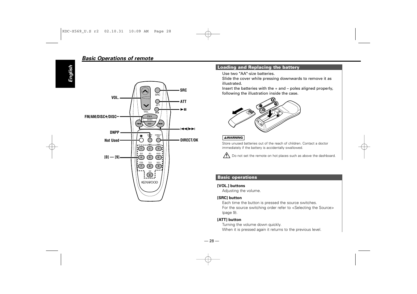 Basic operations of remote, English | Kenwood KDC-MPV622 User Manual | Page 28 / 112