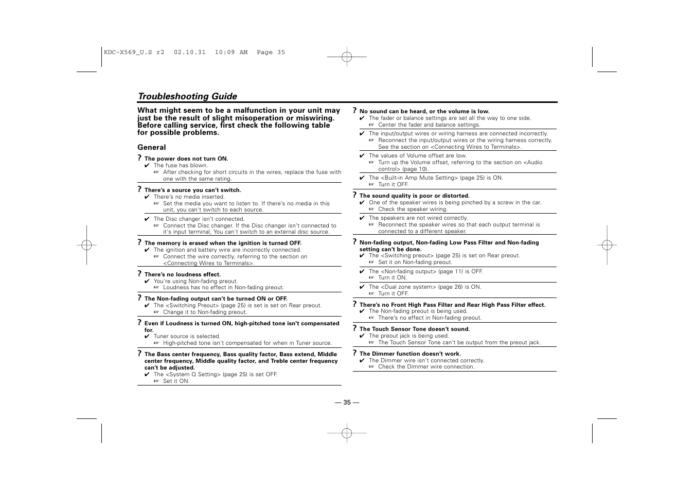 Troubleshooting guide | Kenwood KDC-MPV622 User Manual | Page 35 / 112