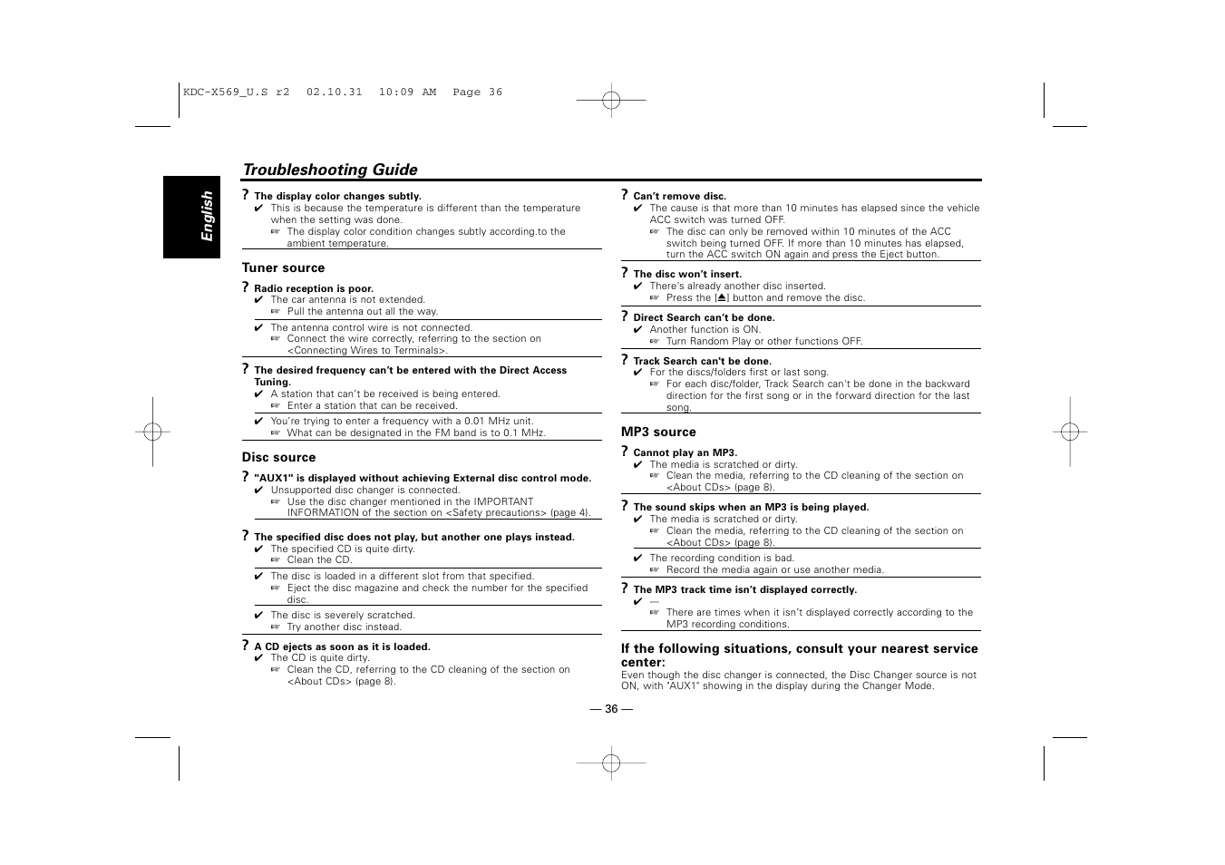 Troubleshooting guide | Kenwood KDC-MPV622 User Manual | Page 36 / 112