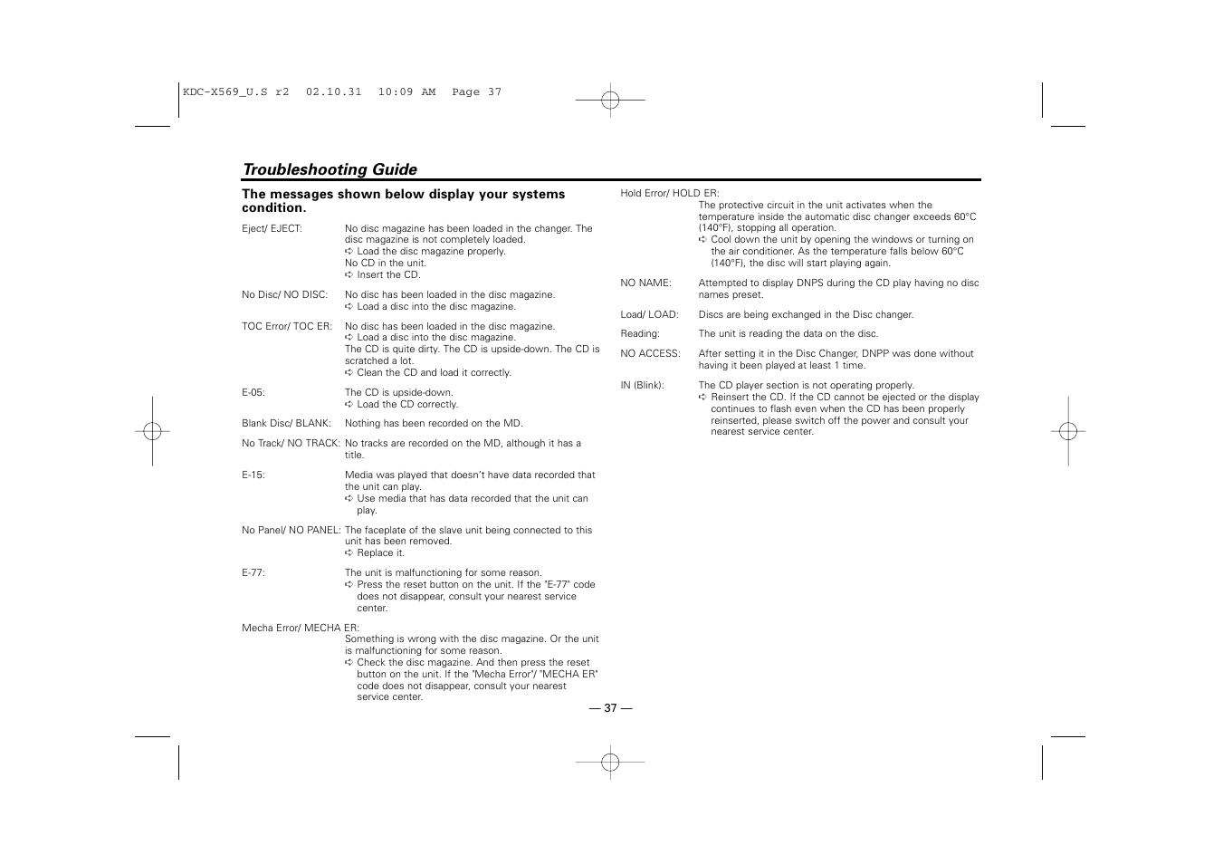 Troubleshooting guide | Kenwood KDC-MPV622 User Manual | Page 37 / 112