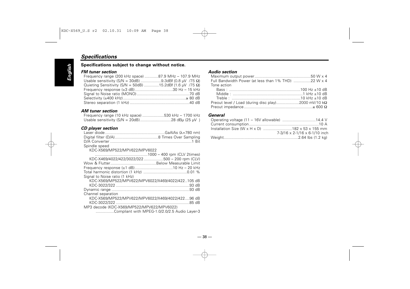 Specifications | Kenwood KDC-MPV622 User Manual | Page 38 / 112