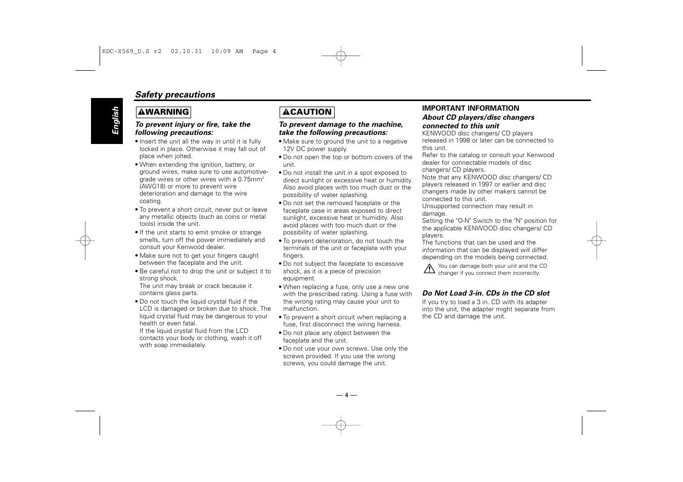 Safety precautions | Kenwood KDC-MPV622 User Manual | Page 4 / 112