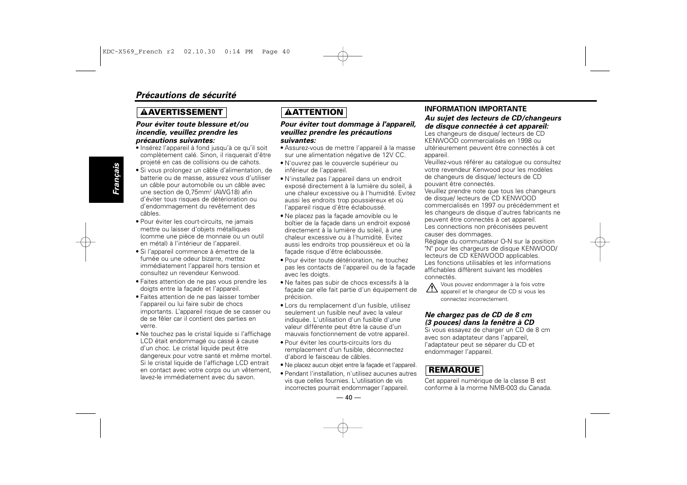 Precautions de securite | Kenwood KDC-MPV622 User Manual | Page 40 / 112