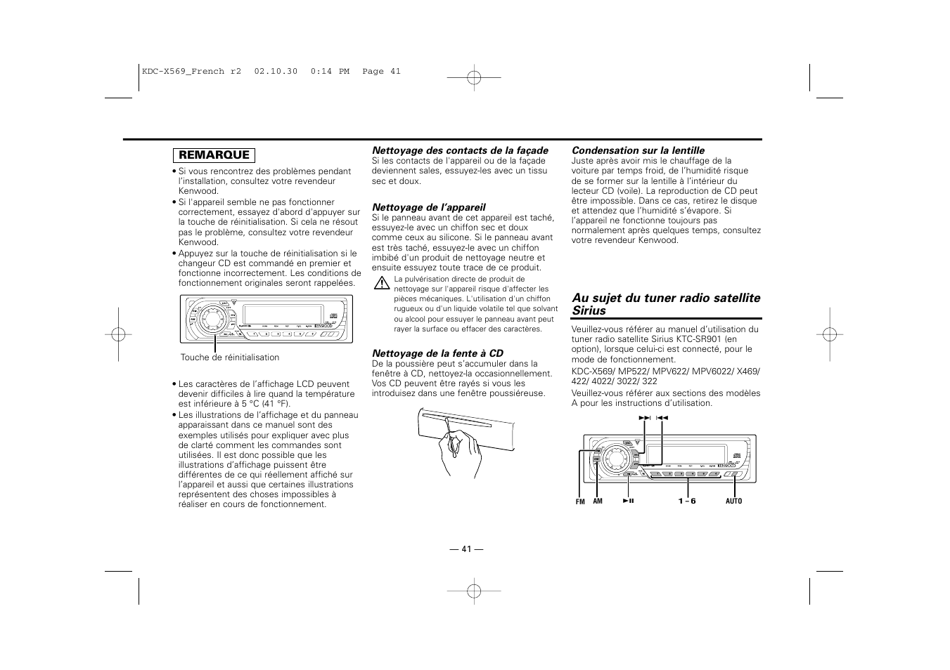 Au sujet du tuner radio satellite sirius | Kenwood KDC-MPV622 User Manual | Page 41 / 112