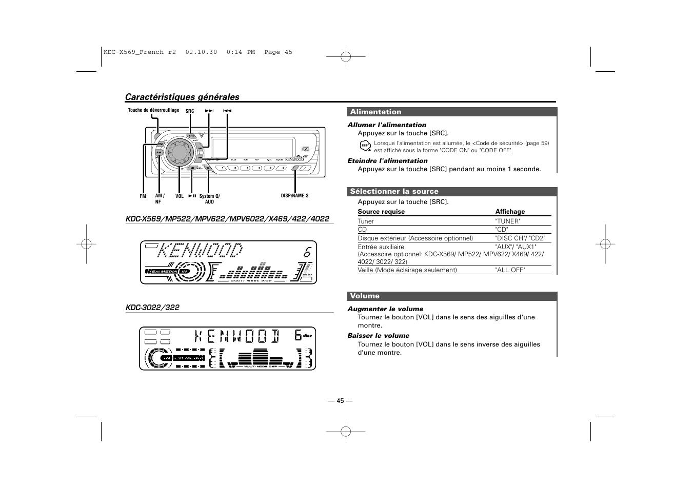 Caracteristiques generales, Caractéristiques générales | Kenwood KDC-MPV622 User Manual | Page 45 / 112