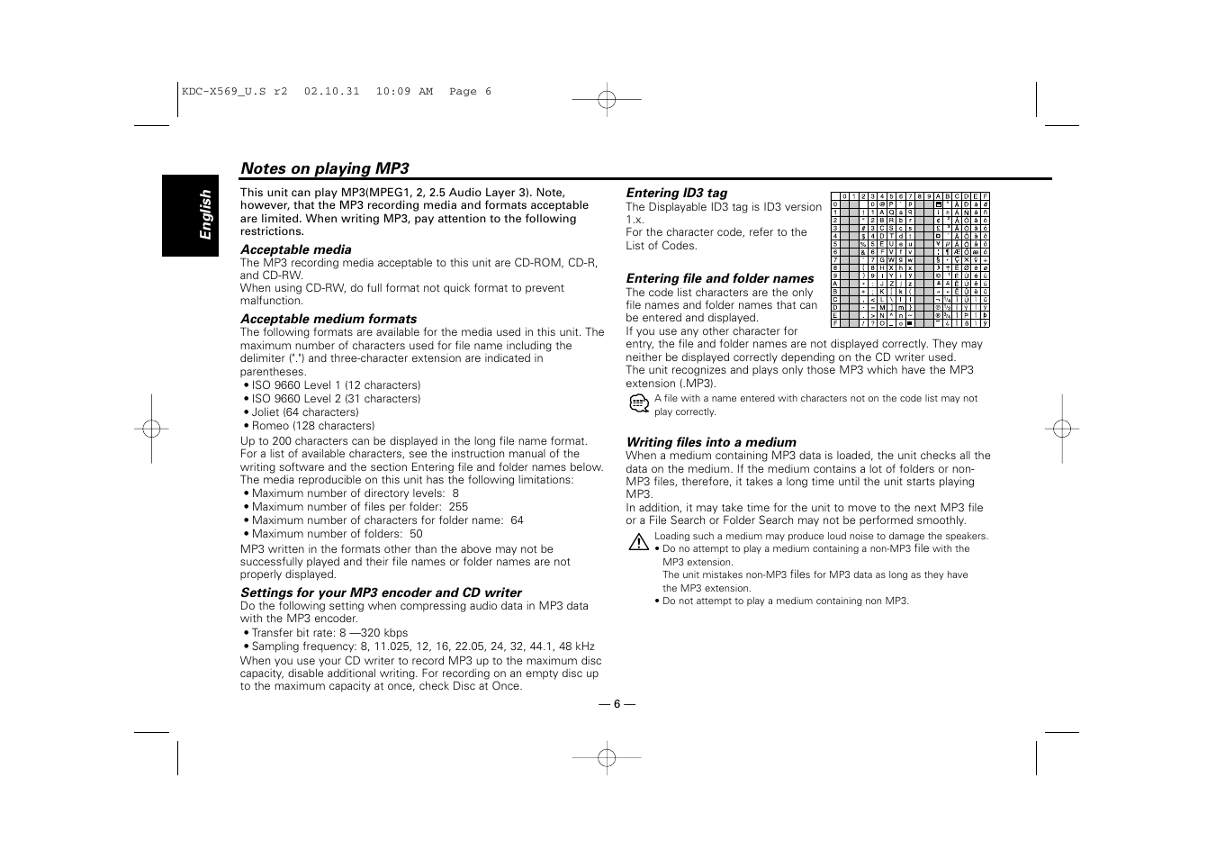 Notes on playing mp3 | Kenwood KDC-MPV622 User Manual | Page 6 / 112