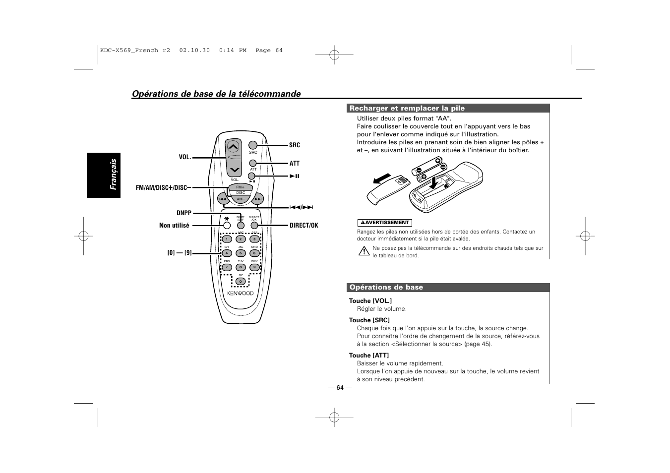 Operations de base de la telecommande, Opérations de base de la télécommande, Français | Kenwood KDC-MPV622 User Manual | Page 64 / 112