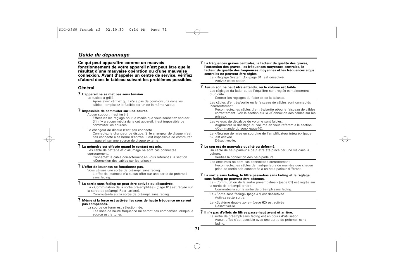 Guide de depannage | Kenwood KDC-MPV622 User Manual | Page 71 / 112