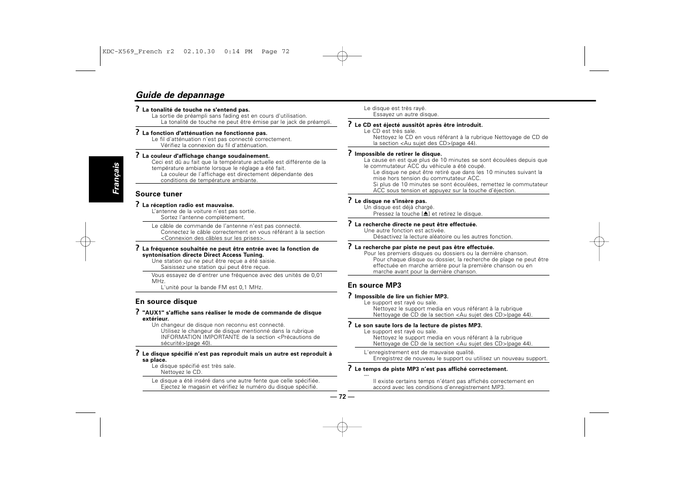 Guide de depannage | Kenwood KDC-MPV622 User Manual | Page 72 / 112