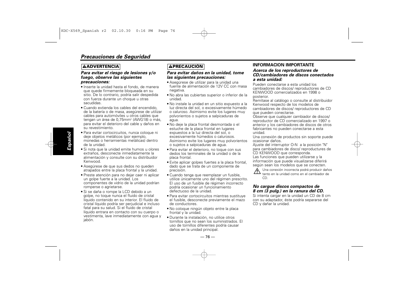 Precauciones de seguridad | Kenwood KDC-MPV622 User Manual | Page 76 / 112