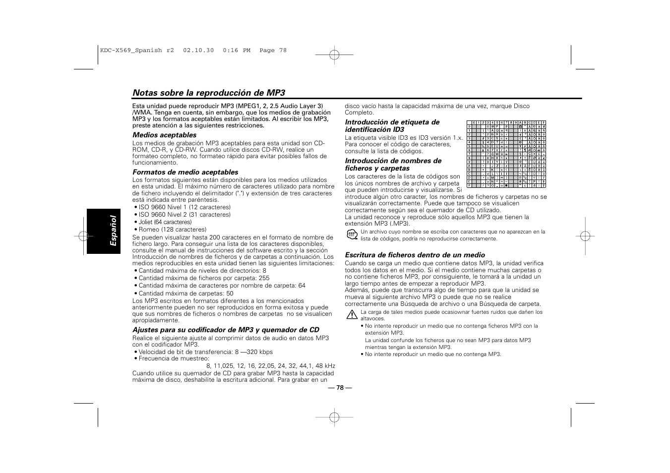 Notas sobre la reproduccion de mp3 | Kenwood KDC-MPV622 User Manual | Page 78 / 112