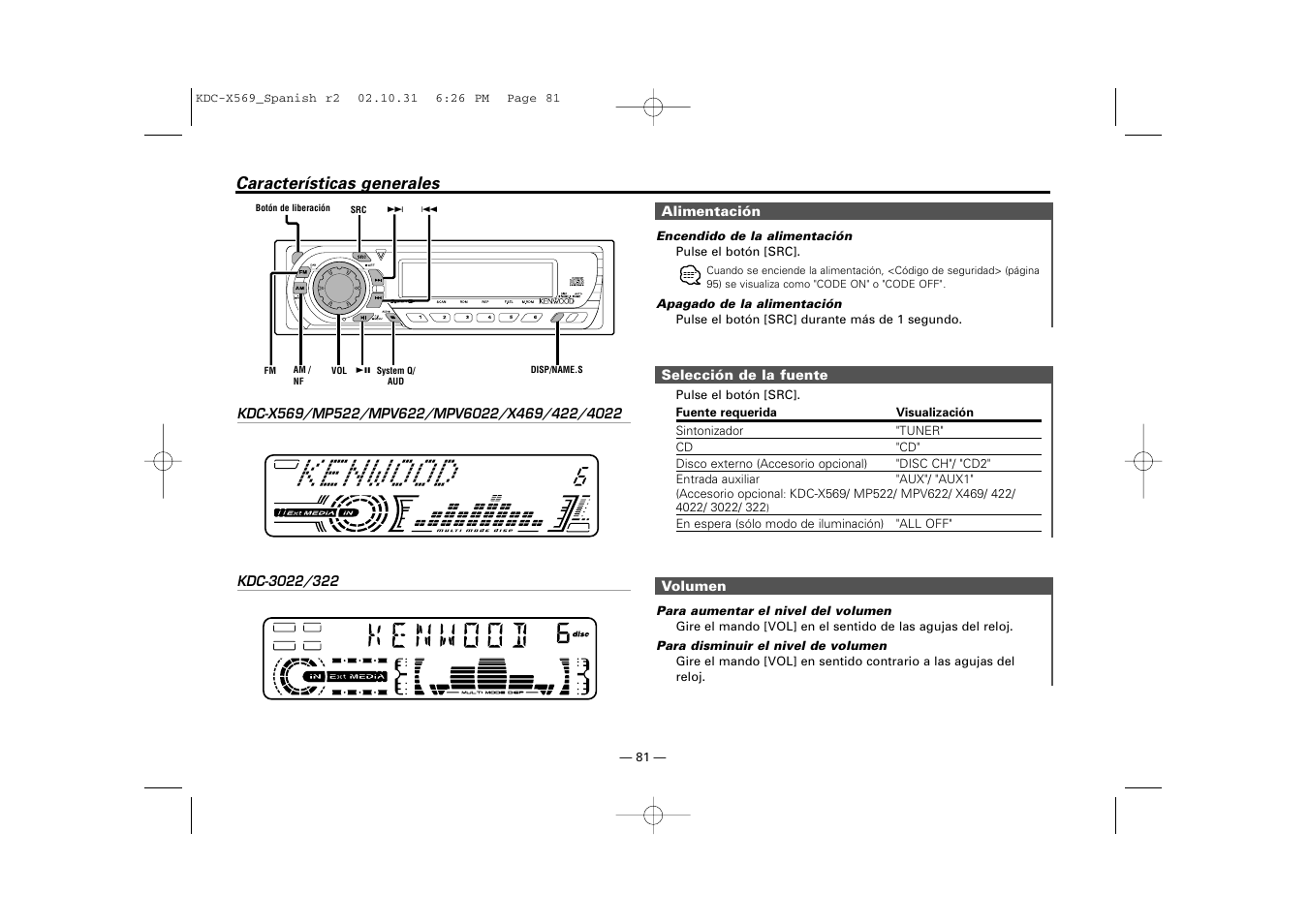 Caracteristicas generales, Características generales | Kenwood KDC-MPV622 User Manual | Page 81 / 112