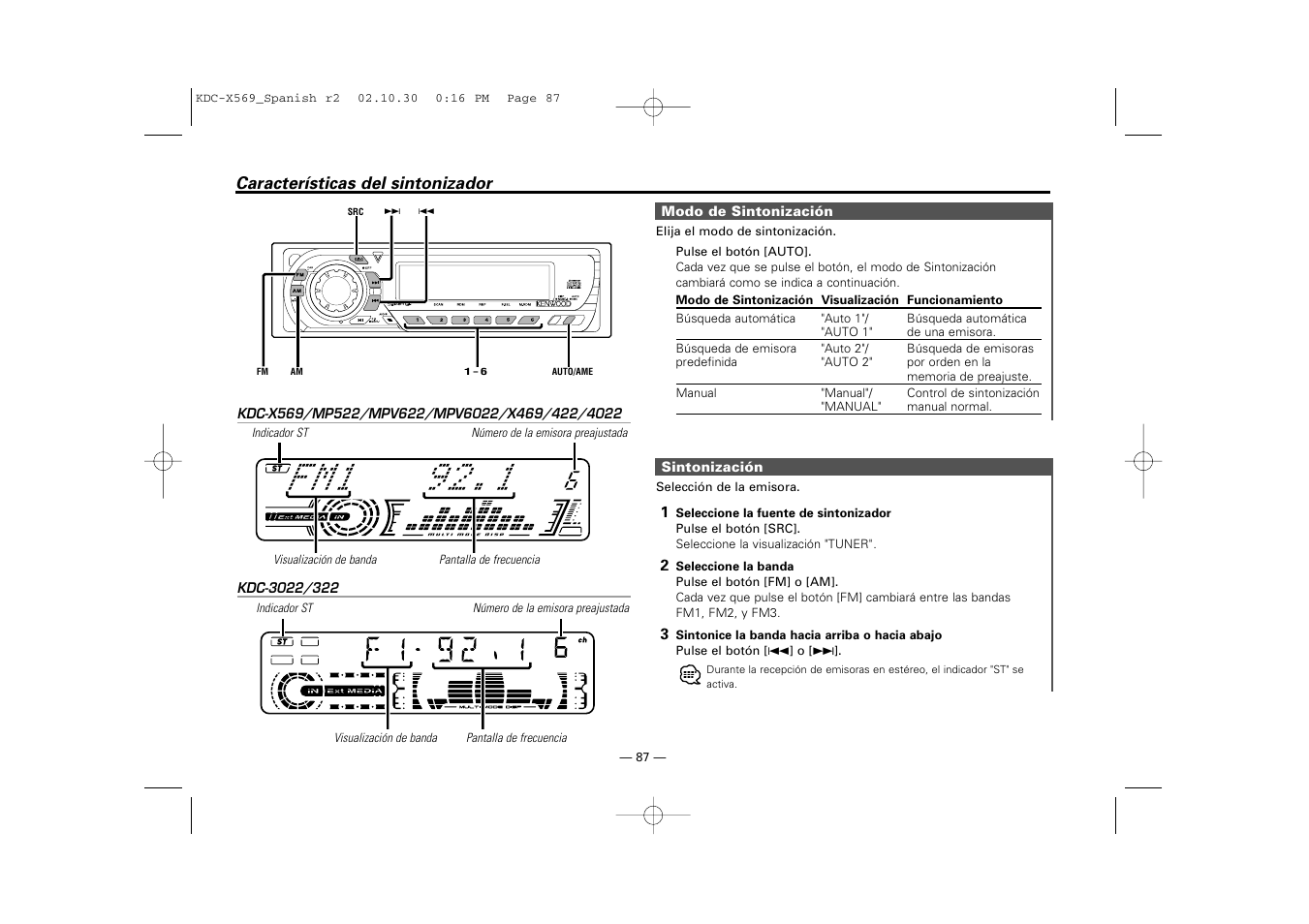 Caracteristicas del sintonizador | Kenwood KDC-MPV622 User Manual | Page 87 / 112