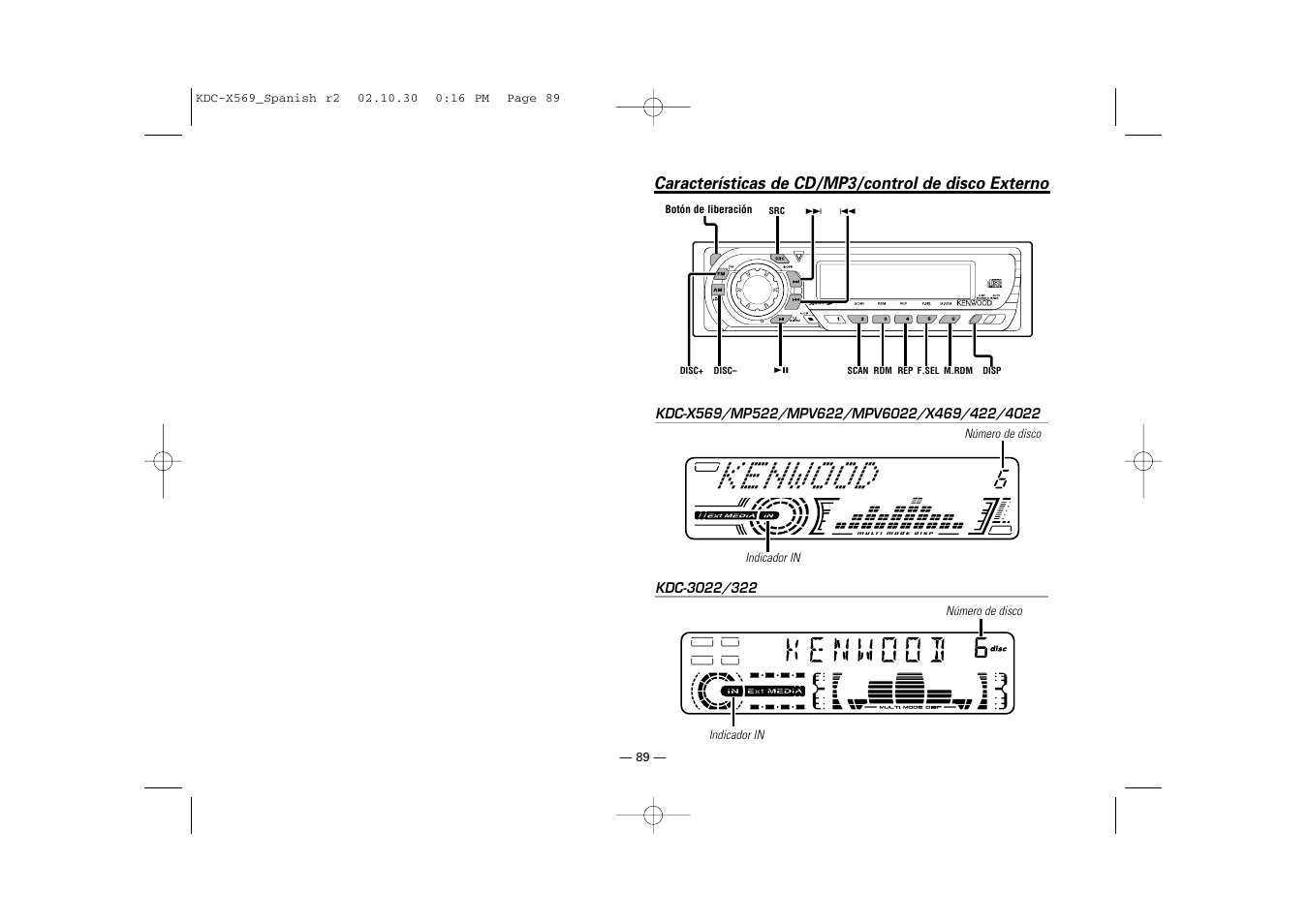 Caracteristicas de cd/mp3/control de disco externo, Características de cd/mp3/control de disco externo | Kenwood KDC-MPV622 User Manual | Page 89 / 112