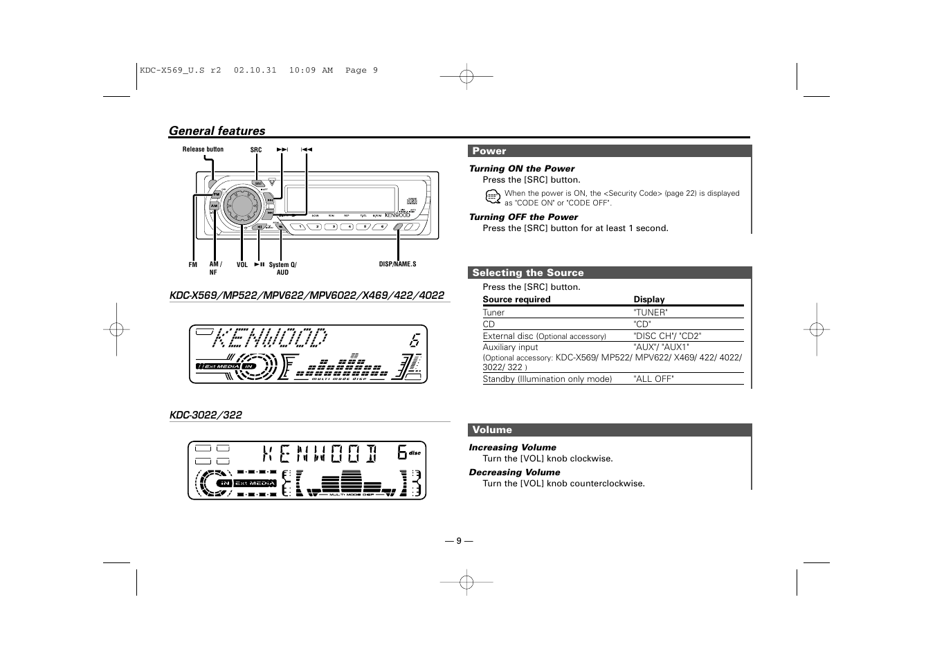 General features | Kenwood KDC-MPV622 User Manual | Page 9 / 112