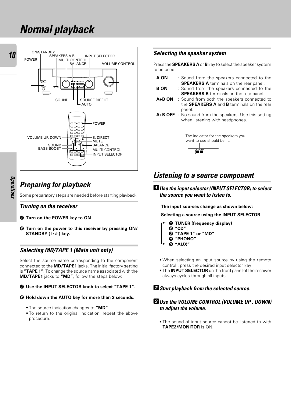 Normal playback, Preparing for playback, Listening to a source component | Turning on the receiver, Selecting md/tape 1 (main unit only), Selecting the speaker system | Kenwood KRF-A4030 User Manual | Page 10 / 20