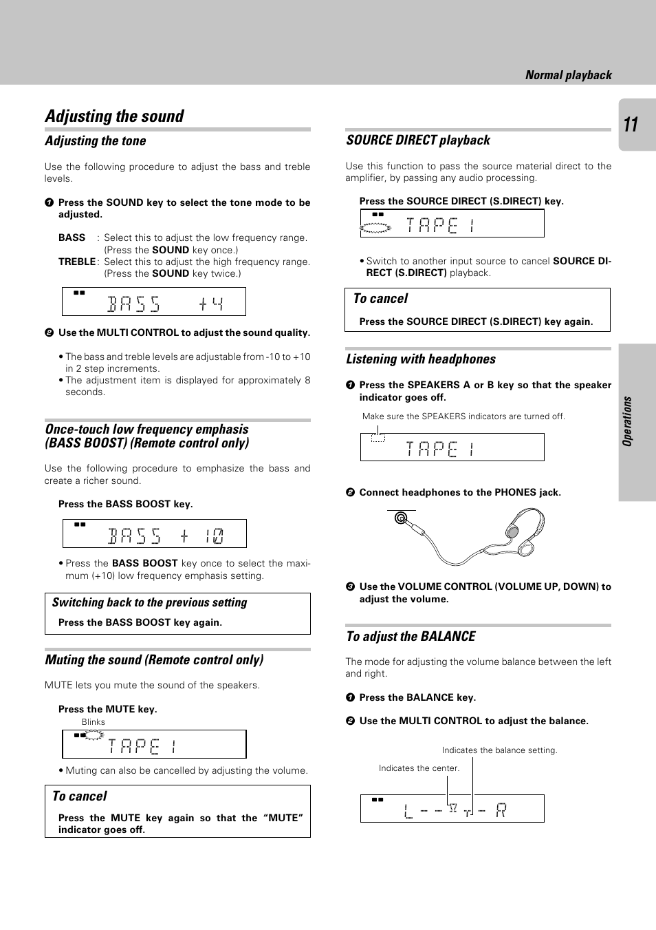 Adjusting the sound, Adjusting the tone, Muting the sound (remote control only) | Listening with headphones, Source direct playback | Kenwood KRF-A4030 User Manual | Page 11 / 20