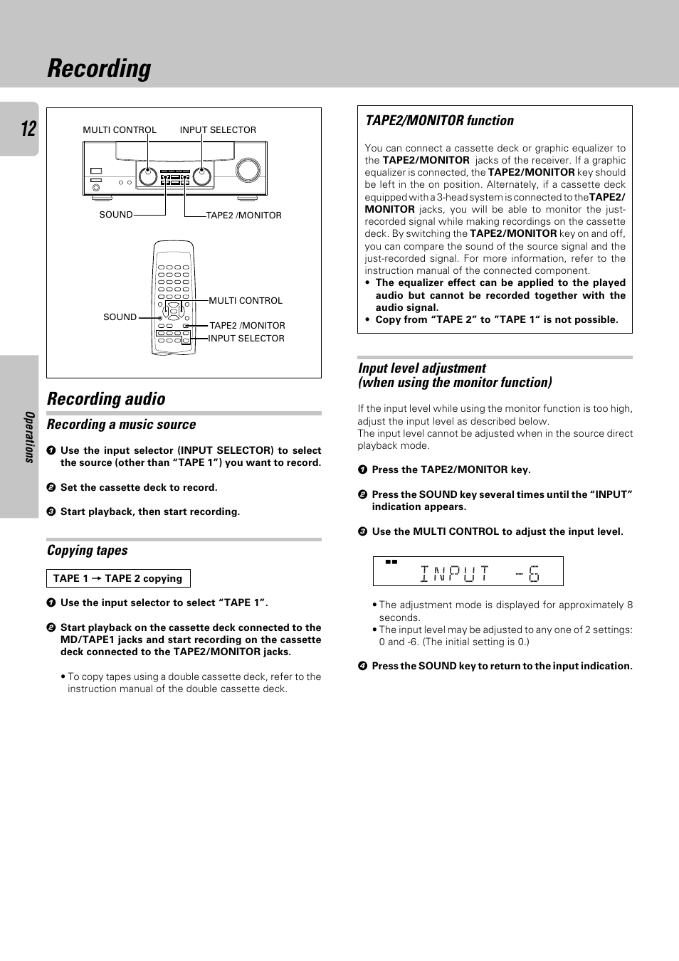 Recording, Recording audio, Recording a music source | Copying tapes, Tape2/monitor function | Kenwood KRF-A4030 User Manual | Page 12 / 20