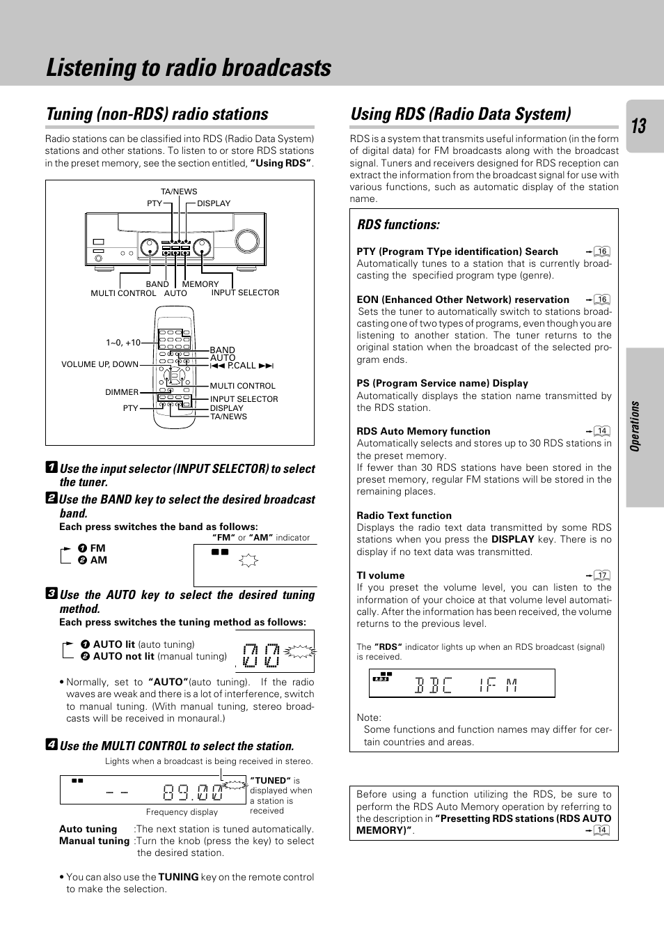 Listening to radio broadcasts, Tuning (non-rds) radio stations, Using rds (radio data system) | B b c 1 f m, Rds functions, Use the multi control to select the station | Kenwood KRF-A4030 User Manual | Page 13 / 20