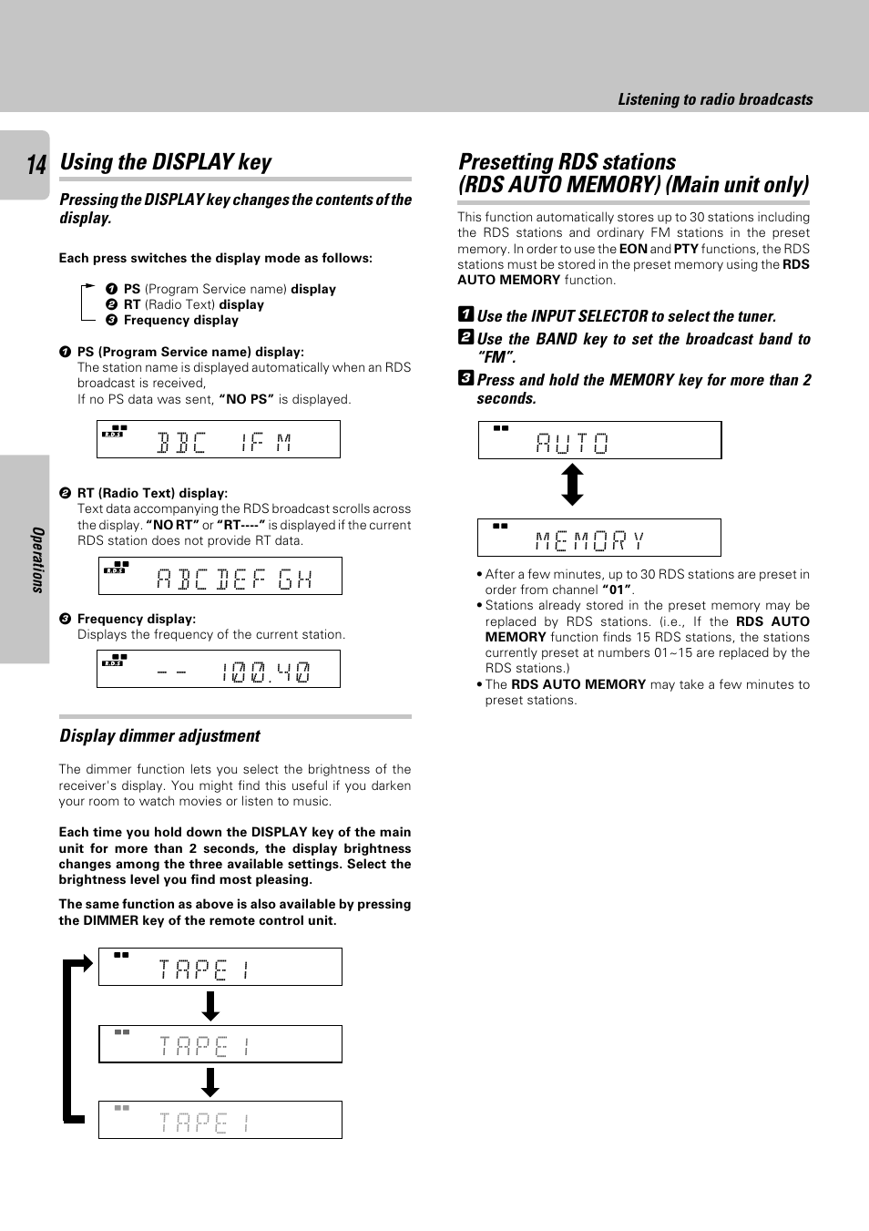 Using the display key, B b c 1 f m, A u t o | Display dimmer adjustment, Use the input selector to select the tuner, Use the band key to set the broadcast band to “fm, Listening to radio broadcasts, Operations preparations other | Kenwood KRF-A4030 User Manual | Page 14 / 20