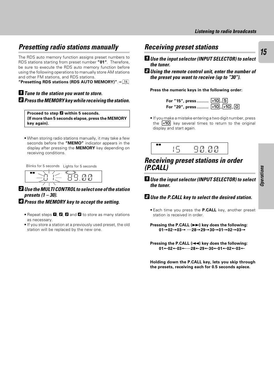 Presetting radio stations manually, Receiving preset stations, Receiving preset stations in order(p.call) | Receiving preset stations in order (p.call) | Kenwood KRF-A4030 User Manual | Page 15 / 20