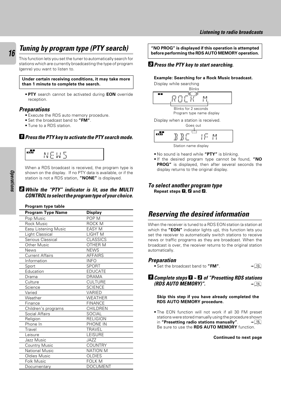 Tuning by program type (pty search), Reserving the desired information, B b c 1 f m | N e w s, Preparations, Preparation, Press the pty key to activate the pty search mode, Press the pty key to start searching, Complete steps, Listening to radio broadcasts | Kenwood KRF-A4030 User Manual | Page 16 / 20