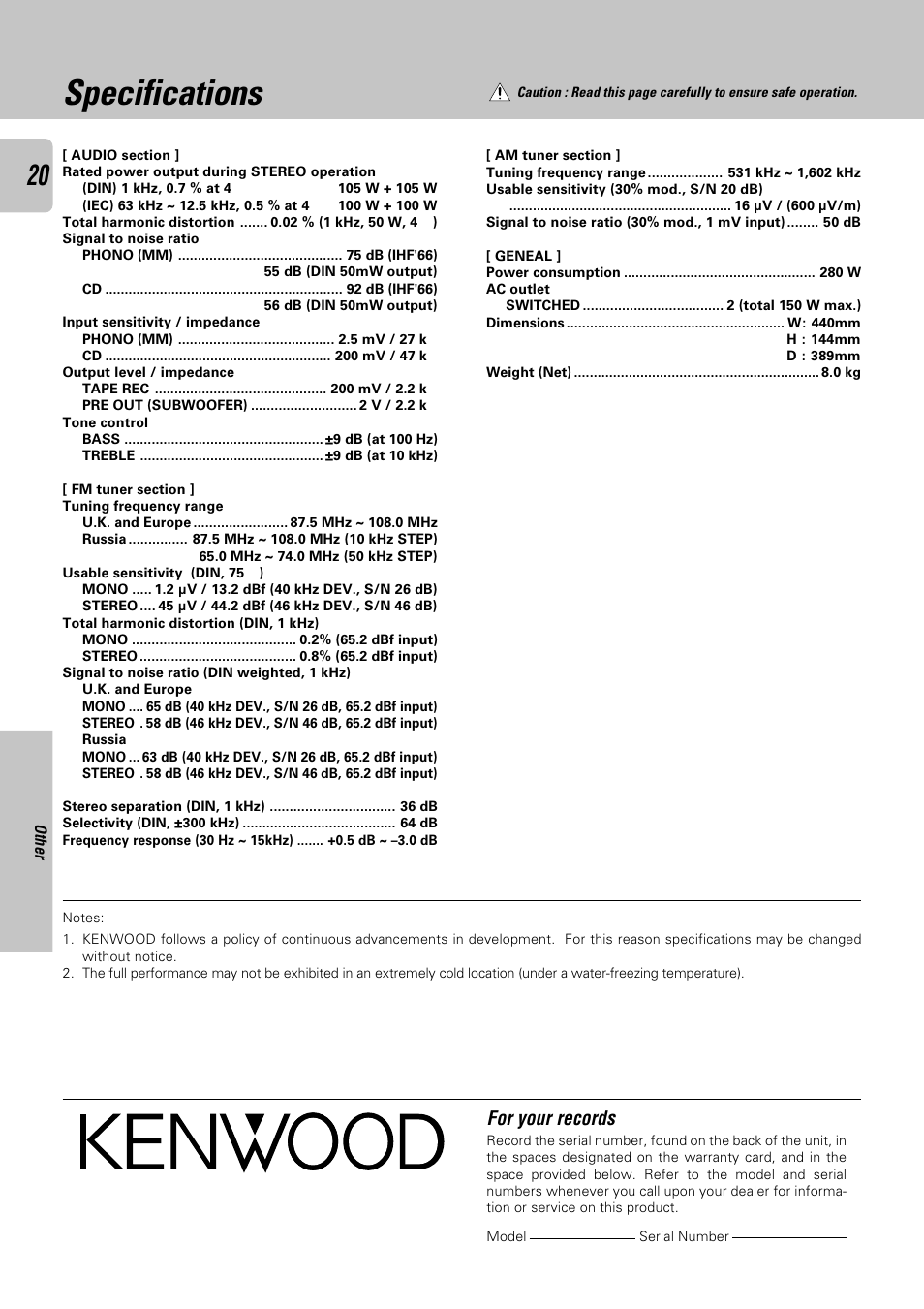 Specifications, For your records | Kenwood KRF-A4030 User Manual | Page 20 / 20