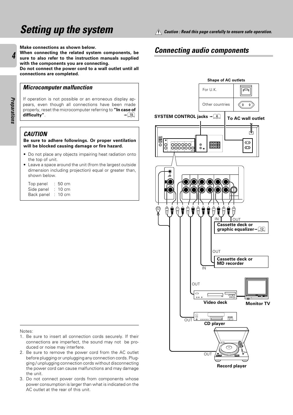 Setting up the system, Connecting audio components, Microcomputer malfunction | Caution | Kenwood KRF-A4030 User Manual | Page 4 / 20