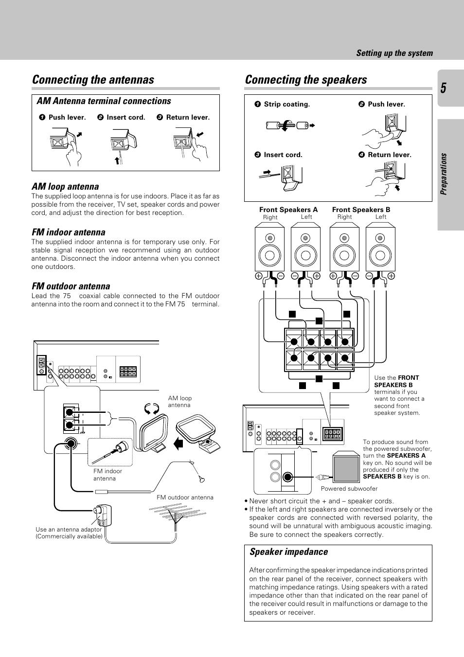 Connecting the antennas, Connecting the speakers, Am antenna terminal connections | Am loop antenna, Fm indoor antenna, Fm outdoor antenna, Speaker impedance, Setting up the system | Kenwood KRF-A4030 User Manual | Page 5 / 20