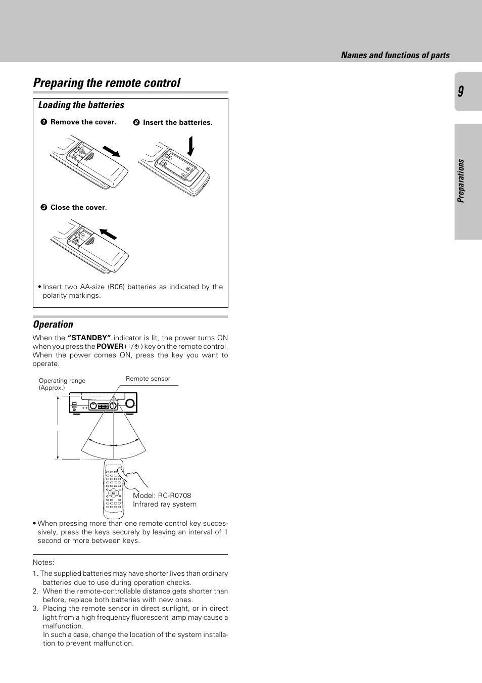 Preparing the remote control, Loading the batteries, Operation | Kenwood KRF-A4030 User Manual | Page 9 / 20