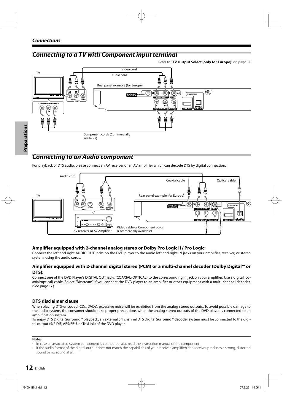 Connecting to a tv with component input terminal, Connecting to an audio component, Connections | Prepar a tions, Dts disclaimer clause | Kenwood DVF-5400 User Manual | Page 12 / 36