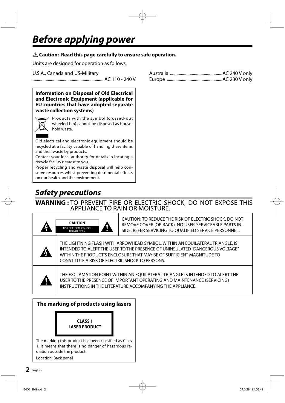 Before applying power, Safety precautions | Kenwood DVF-5400 User Manual | Page 2 / 36