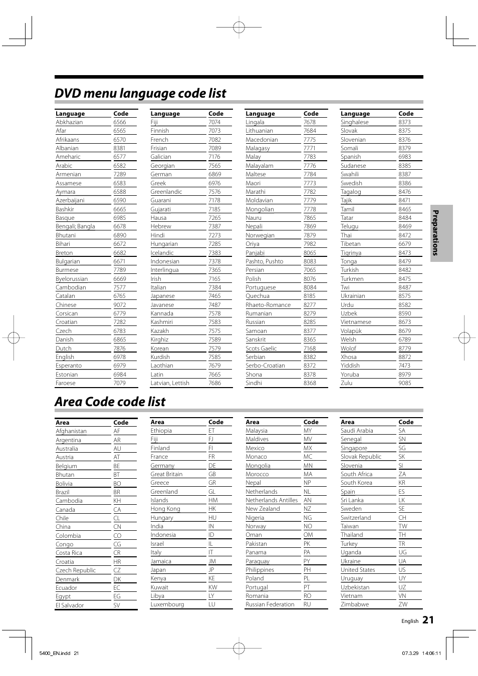 Dvd menu language code list, Area code code list, Prepar a tions | Kenwood DVF-5400 User Manual | Page 21 / 36