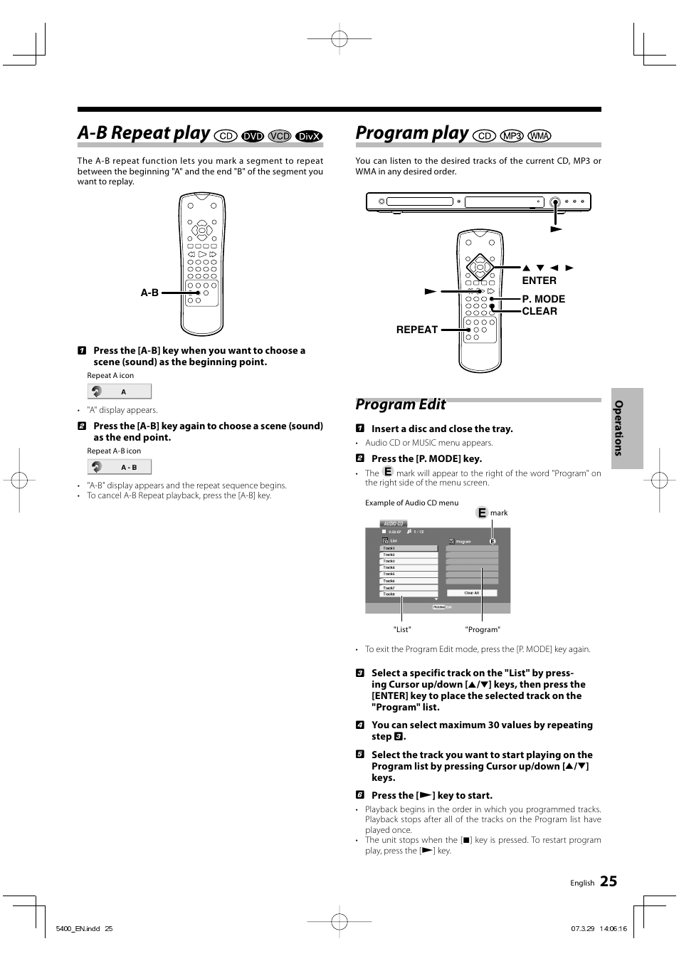 A-b repeat play, Program play, Program edit | Kenwood DVF-5400 User Manual | Page 25 / 36