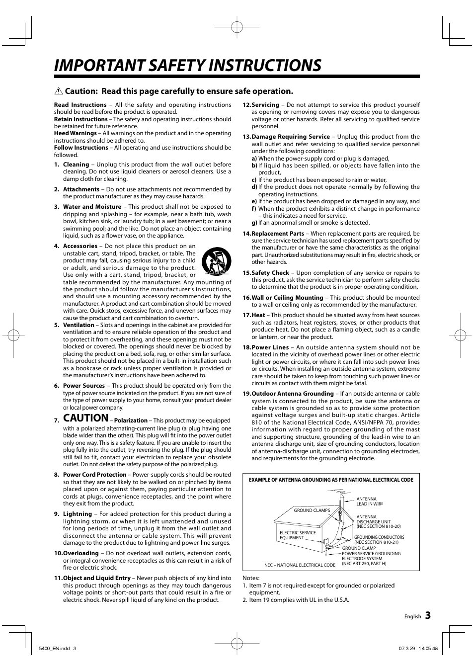 Important safety instructions, Caution | Kenwood DVF-5400 User Manual | Page 3 / 36