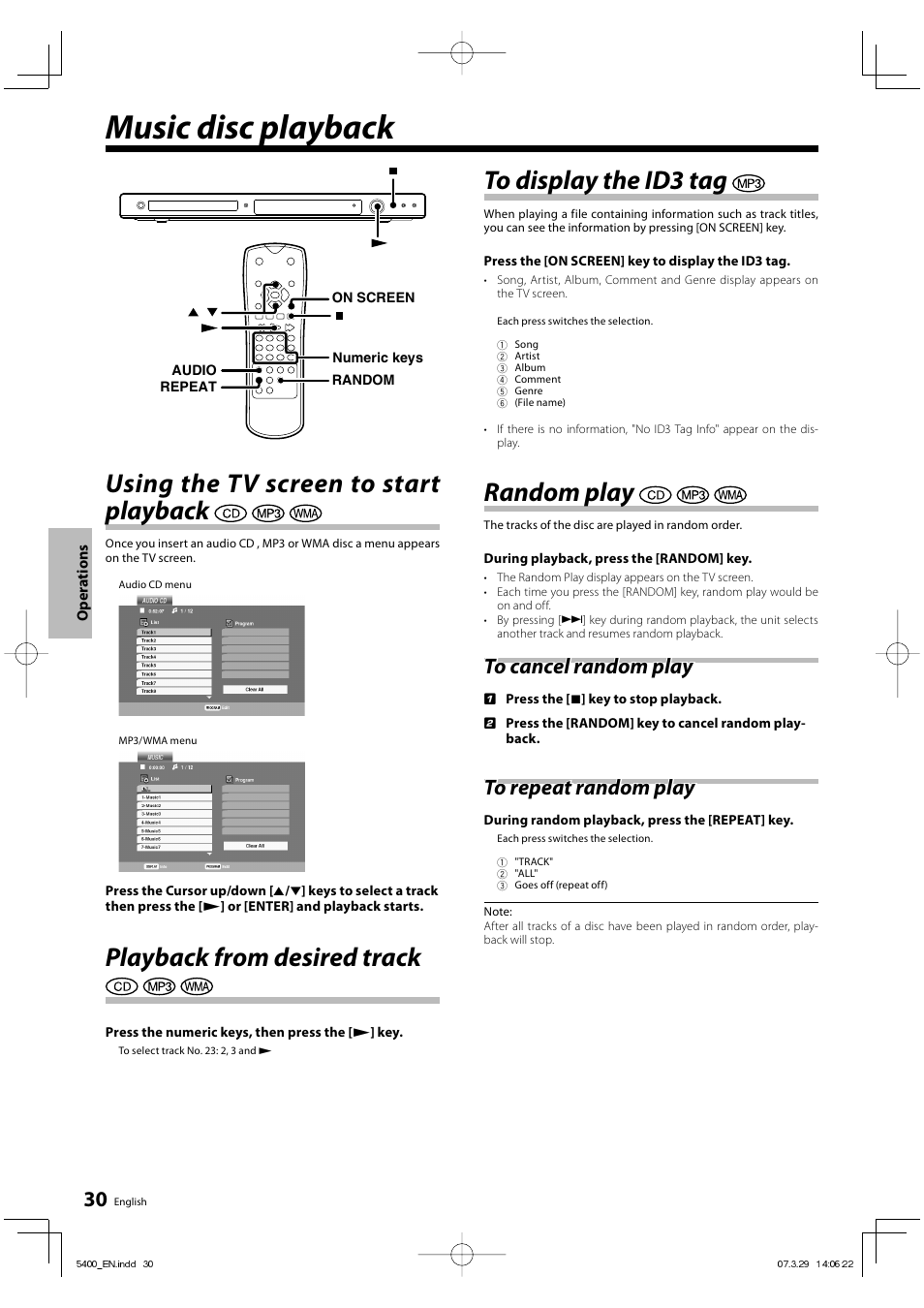 Music disc playback, Using the tv screen to start playback, Playback from desired track | Random play | Kenwood DVF-5400 User Manual | Page 30 / 36