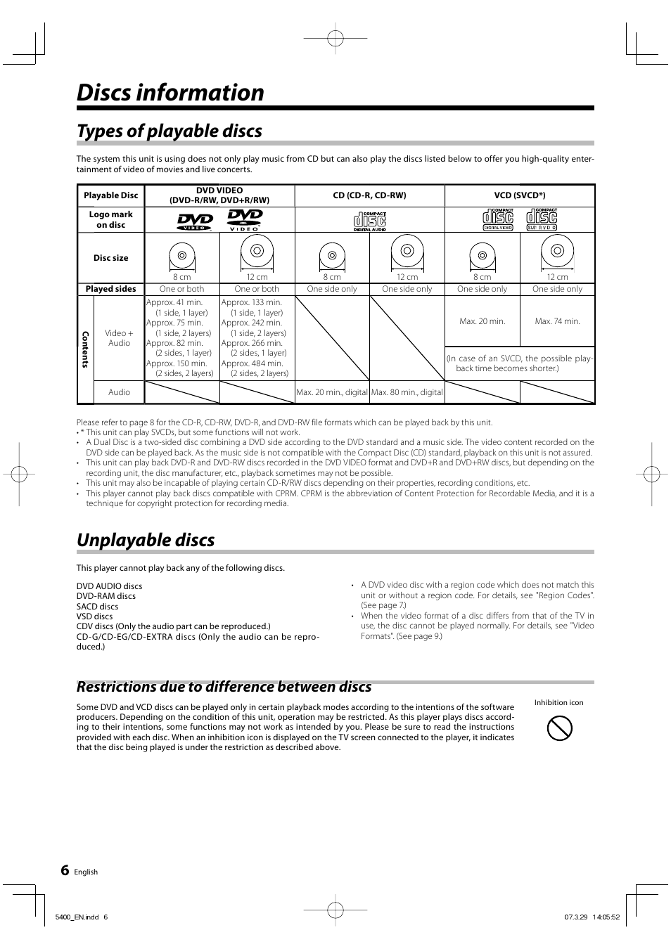 Discs information, Unplayable discs, Types of playable discs | Restrictions due to difference between discs | Kenwood DVF-5400 User Manual | Page 6 / 36