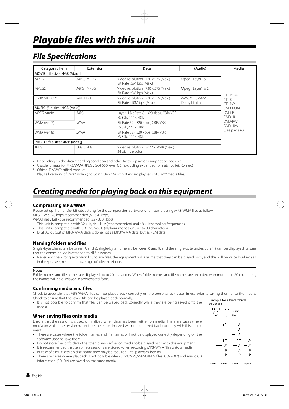 Playable files with this unit, File specifications, Creating media for playing back on this equipment | Kenwood DVF-5400 User Manual | Page 8 / 36