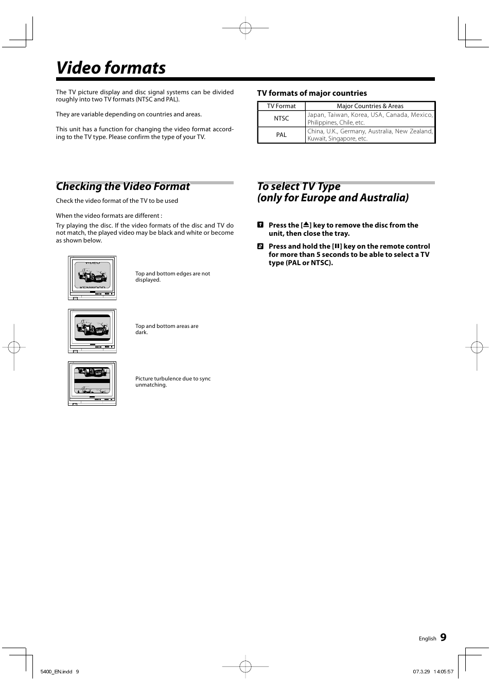 Video formats, Checking the video format | Kenwood DVF-5400 User Manual | Page 9 / 36