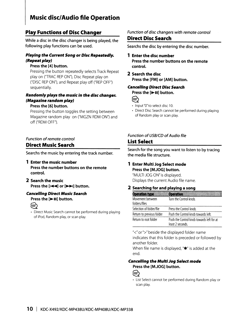 Music disc/audio file operation, 1 enter the disc number, 2 search the disc | 1 enter the music number, 2 search the music, Play functions of disc changer, Direct disc search, Direct music search, List seiect | Kenwood KDC-MP408U User Manual | Page 10 / 32