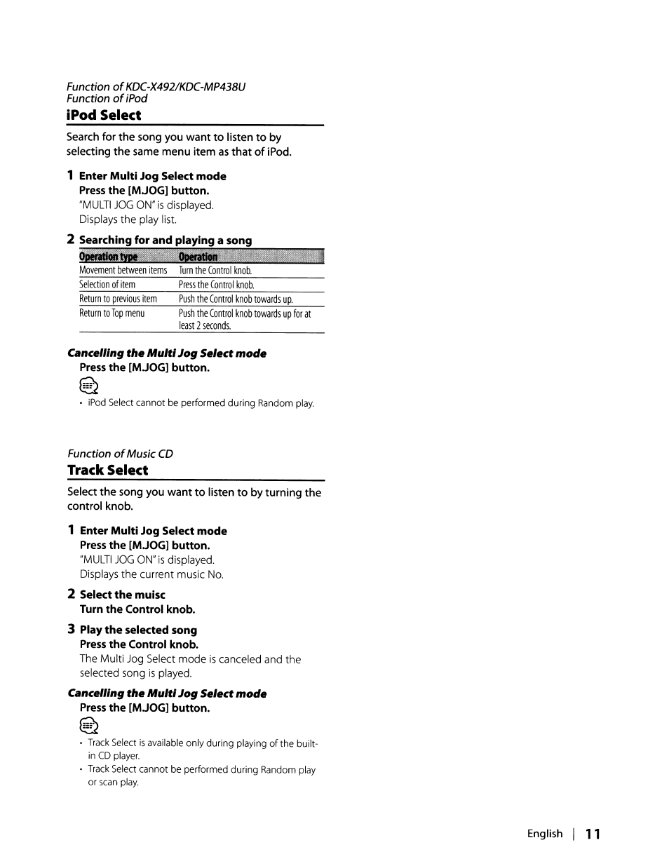 Ipod select, Track select, 3 play the selected song press the control knob | English i 11 | Kenwood KDC-MP408U User Manual | Page 11 / 32